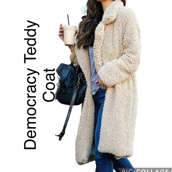 (N5) Democracy‎ Teddy Coat Women's Ivory Sherpa Oversized Open Front Size L - Picture 1 of 10